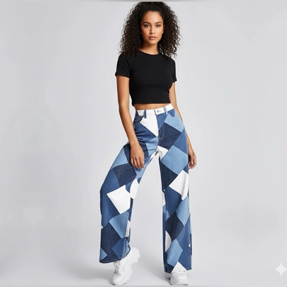 Diamond Patchwork Jesns Wide-Leg Denim – Statement Edition - Picture 7 of 14